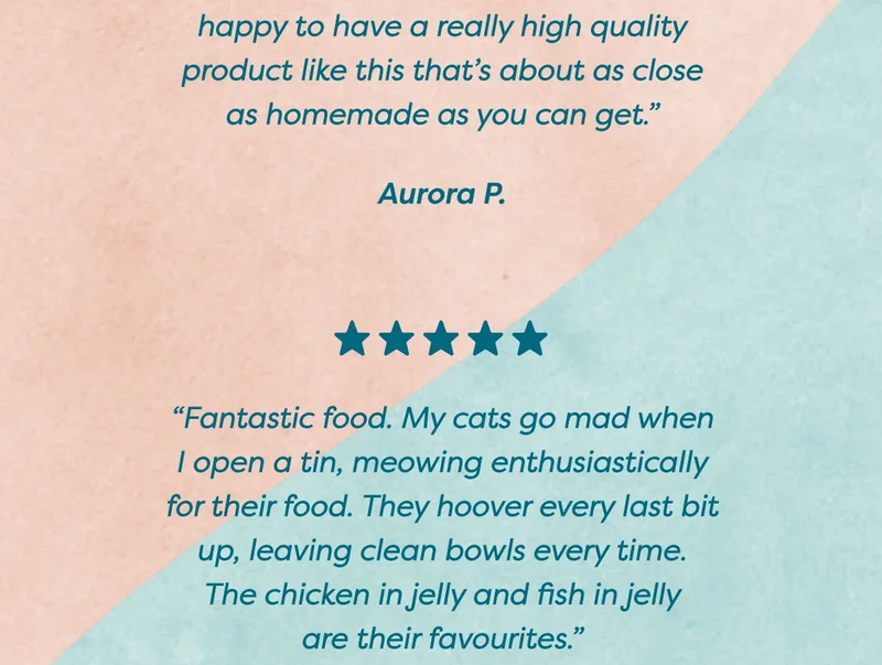 “Fantastic food. My cats go mad when I open a tin, meowing enthusiastically for their food. They hoover every last bit up, leaving clean bowls every time. The chicken in jelly and fish in jelly are their favourites.” - Kate L.