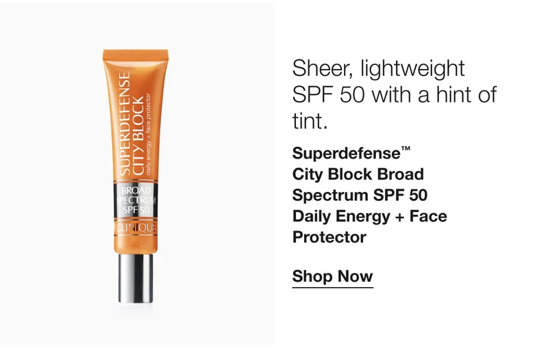 Sheer, lightweight SPF 50 with a hint of tint. | Superdefense™ City Block Broad Spectrum SPF 50 Daily Energy + Face Protector | Shop Now