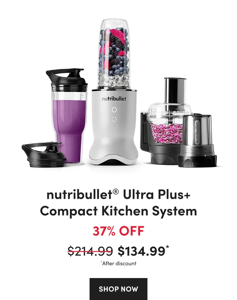 The nutribullet Ultra Plus Compact Kitchen System set featuring a motor base, fruit-filled cup, purple smoothie, food processor, and stainless steel accessories.