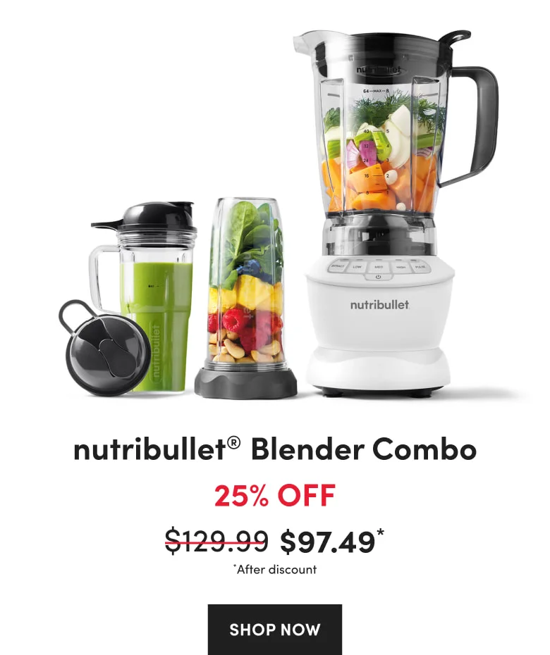 A nutribullet Blender Combo set with a 64-oz pitcher, personal cups filled with layered fruit, and a green smoothie on a clean white background.