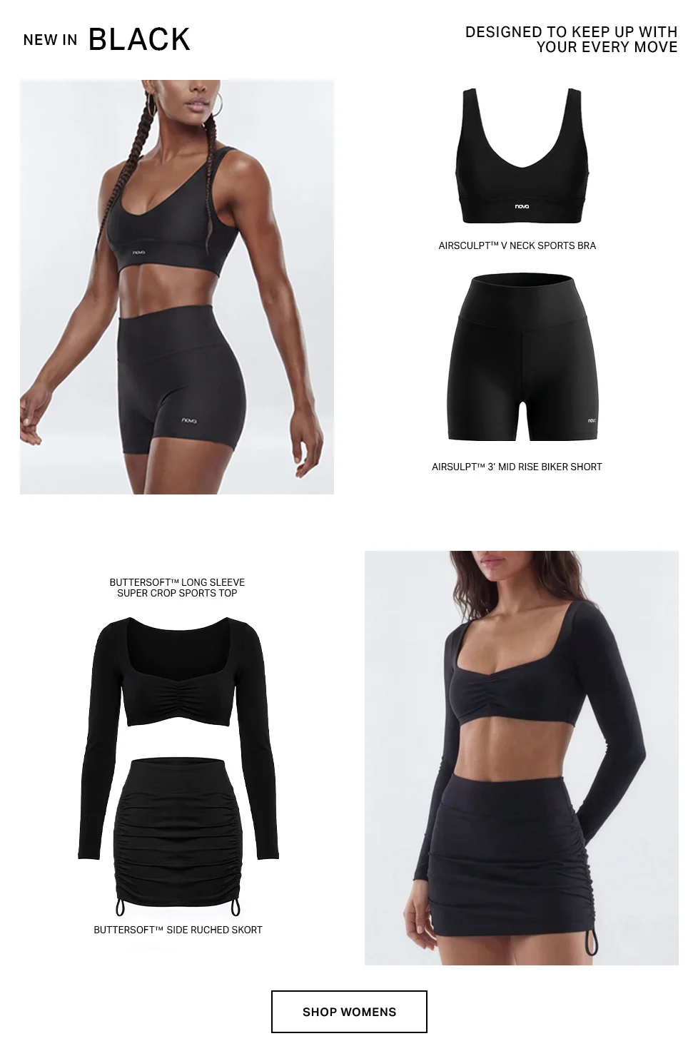 New black womens activewear collection: models showcase sports bras, biker shorts, crop tops, and ruched skorts, designed for performance.