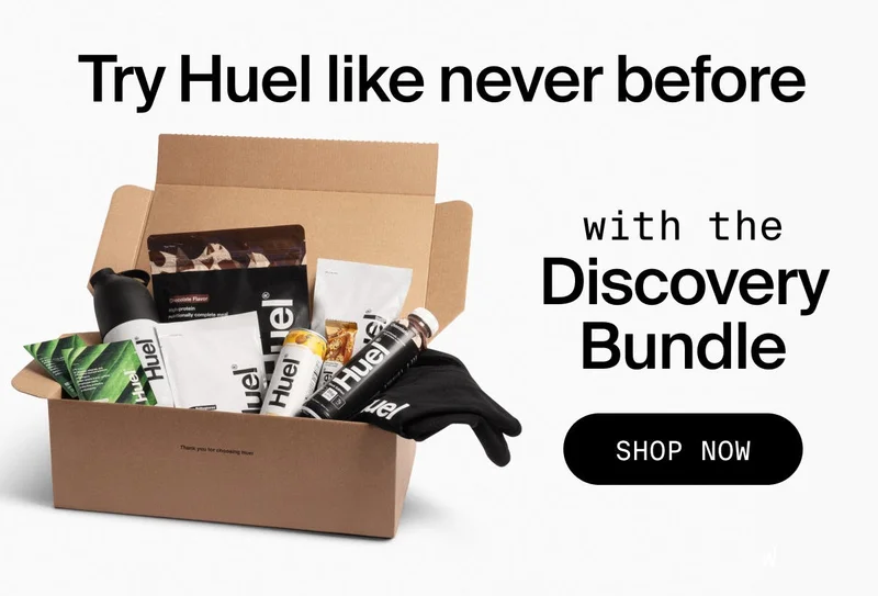 Huel Discovery Bundle with powders, drinks, bar, greens, shaker, and t-shirt. Text: Try Huel like never before.