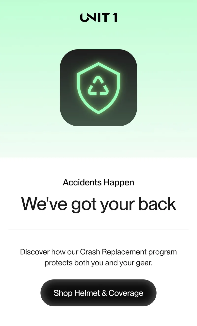 Unit 1 Crash Replacement program logo with a green shield icon for safety and reliability.