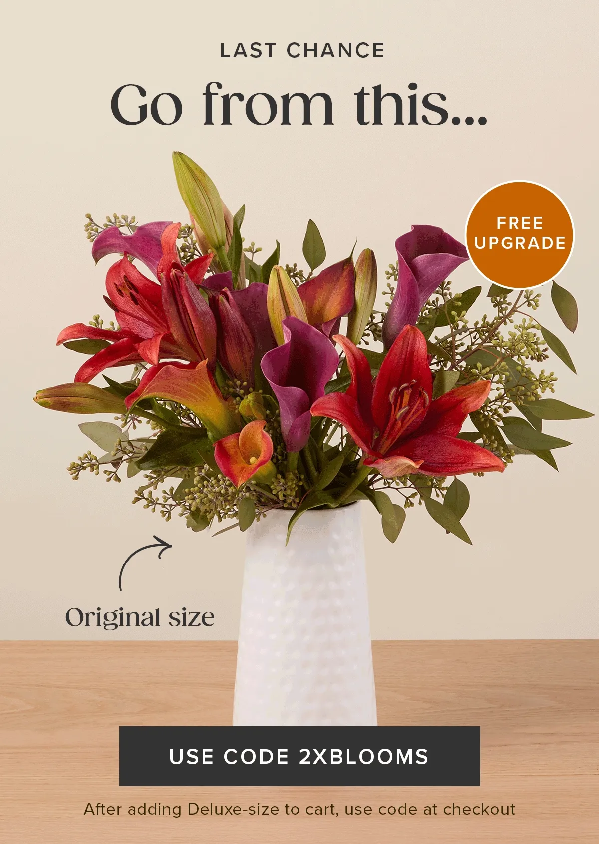 Last Chance for a Free Upgrade! Go from an original size...to a deluxe size for FREE! Must add a Deluxe-size to cart and use code 2XBLOOMS at checkout