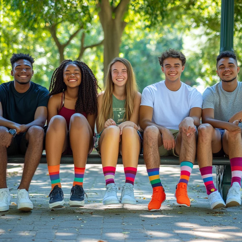 Students sitting on a bench showing of their colorful socks