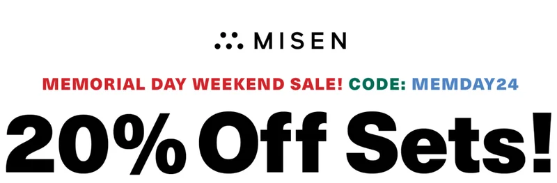Misen. Memorial Day Weekend Sale! Code: discount code. 20% Off Sets
