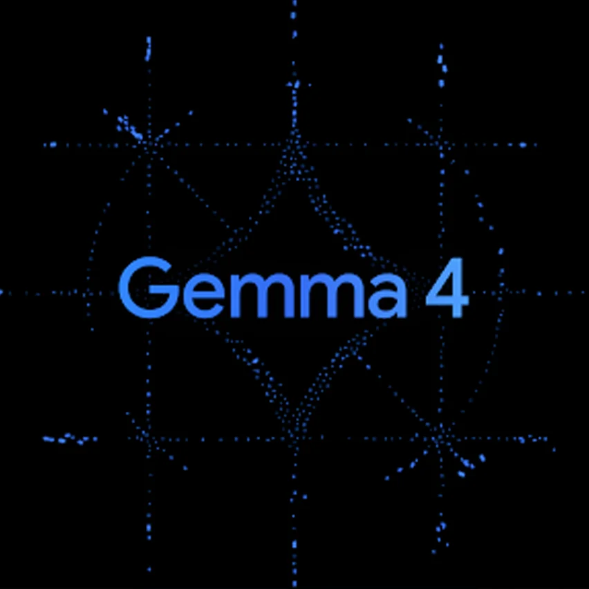 Blue text saying Gemma 4 over a geometric blue dot pattern on black.