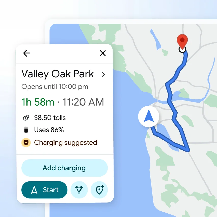 Navigation map to Valley Oak Park showing 1h 58m travel time, $8.50 tolls, and a 'Charging suggested' alert.