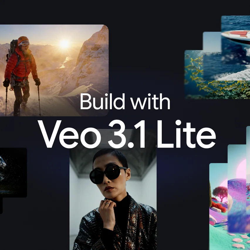 'Build with Veo 3.1 Lite' text surrounded by diverse video frames. Images include a mountaineer at sunrise, a woman in sunglasses, and surreal landscapes.