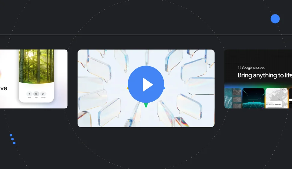 Three floating UI cards including the Google Gemini logo centered among iridescent glass speech bubbles, flanked by previews of AI-generated content.