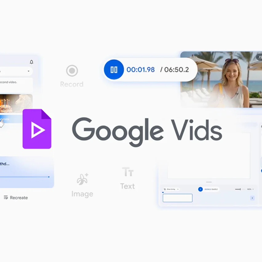 Google Vids logo surrounded by floating video editing icons and a video preview.