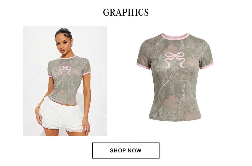 Fitted women's graphic tee with khaki camo print, pink bow design, and pink trim, modeled with a product shot. Shop our new collection.