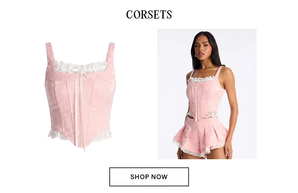 Chic pink corset top with delicate white lace trim shown next to a model wearing the corset with matching shorts. Shop all corsets.