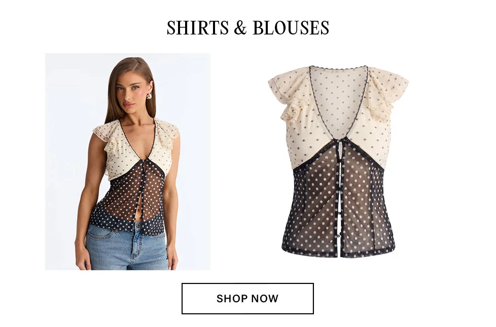 Black & cream polka dot blouse with ruffle sleeves and button front, modeled and shown flat. Discover new stylish shirts & blouses.