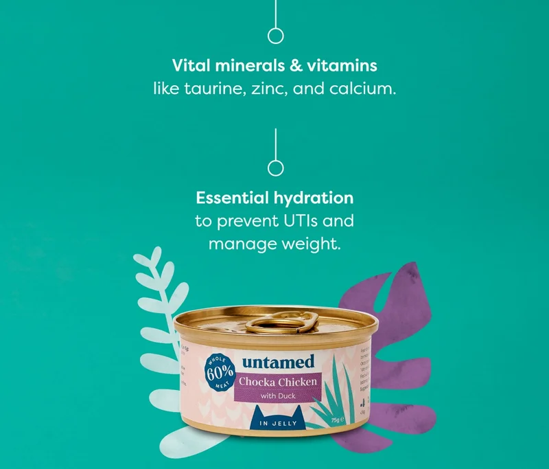 High-quality animal protein to sustain energy and muscle mass. Essential hydration to prevent UTIs and manage weight. Vital minerals & vitamins like taurine, zinc, and calcium.