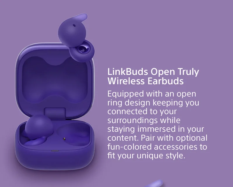 LinkBuds Open Truly Wireless Earbuds | Equipped with an open ring design keeping you connected to your surroundings while staying immersed in your content. Pair with optional fun-colored accessories to fit your unique style.
