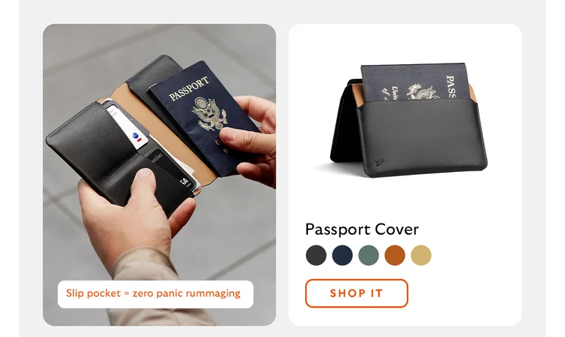 [Product 1] Passport Cover  [Annotation/starburst] Slip pocket = zero panic rummaging