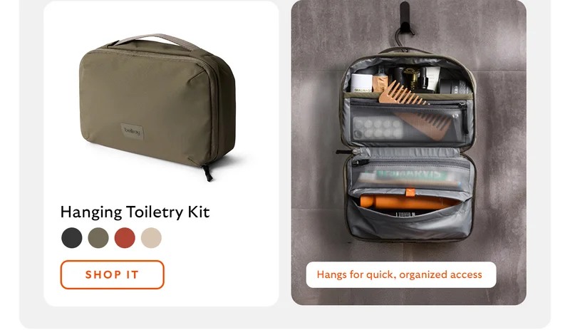 [Product 2] Hanging Toiletry Kit [Annotation/starburst] Hangs for quick, organized access