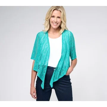 Susan Graver Pointelle Knit Elbow-Sleeve Tie-Front Shrug