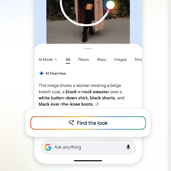 Woman wearing a beige trench coat and black over-the-knee boots with an AI overview description below.