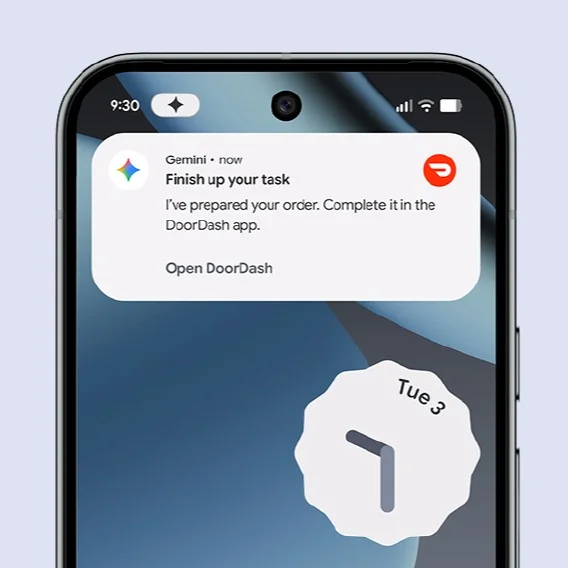 A smartphone screen is shown displaying a notification from Gemini