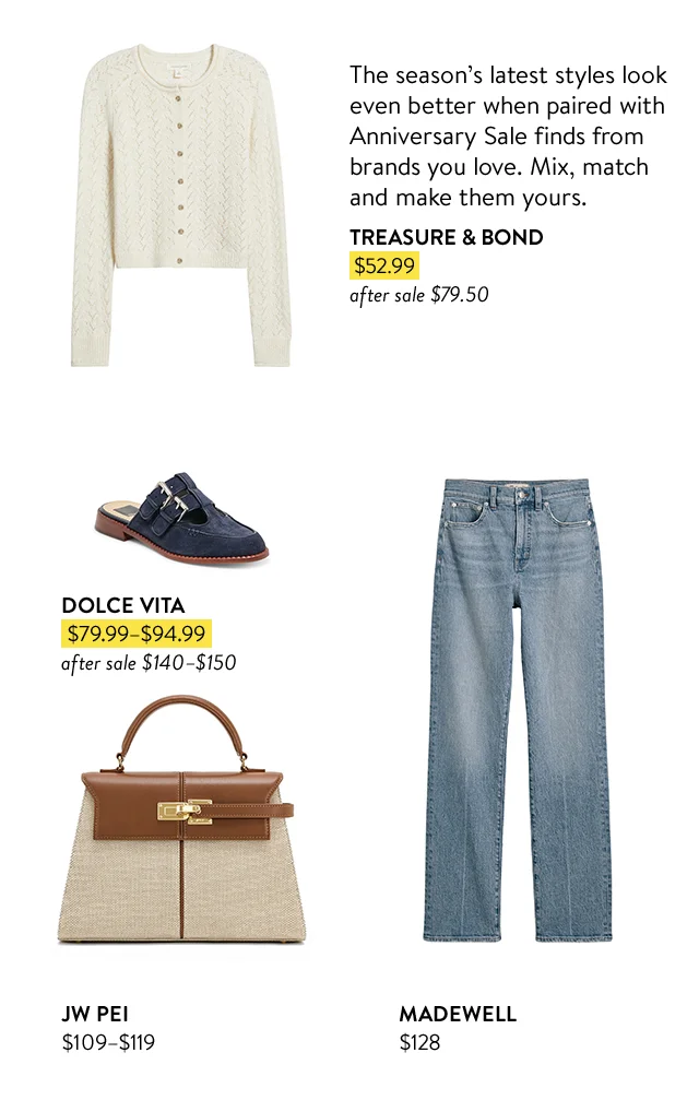 A cream cardigan, suede mule, a demure handbag and jeans.