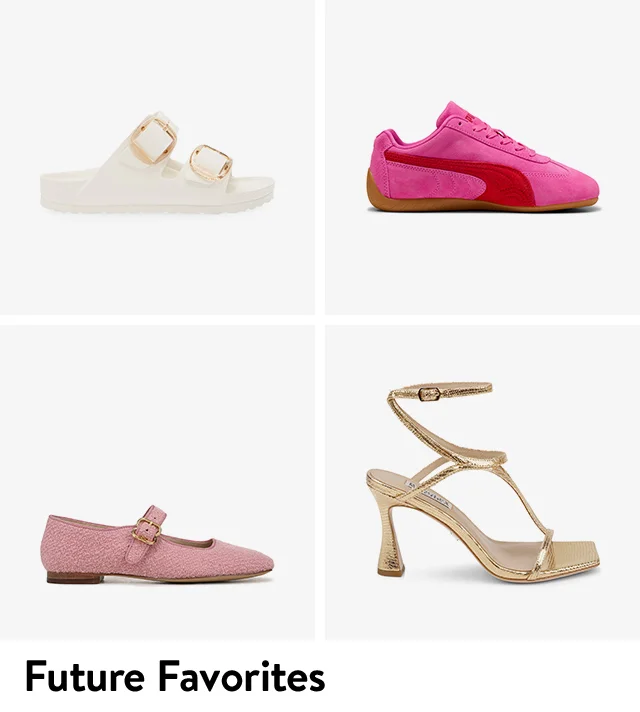 A white slide, pink sneaker, gold heel and pink mary jane.