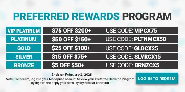 Preferred Rewards Program. VIP: $75 off $200+. Use Code: VIPCX75. Platinum: $50 off $150+. Use Code: PLTNMCX50. Gold: $25 off $100+. Use Code: GLDCX25. Silver: $15 off $75+. Use Code: SLVRCX15. Bronze: $5 off $50+. Use Code: BRNZCX5. Ends on February 2, 2025. Note: To redeem, log into your Monoprice account to view your Preferred Rewards Program loyalty tier and apply your tier's loyalty code at checkout. Log in to redeem.