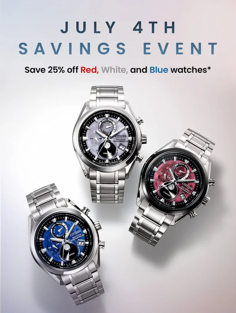 July 4th Savings Event: Save 25% off Red, White, and Blue watches*