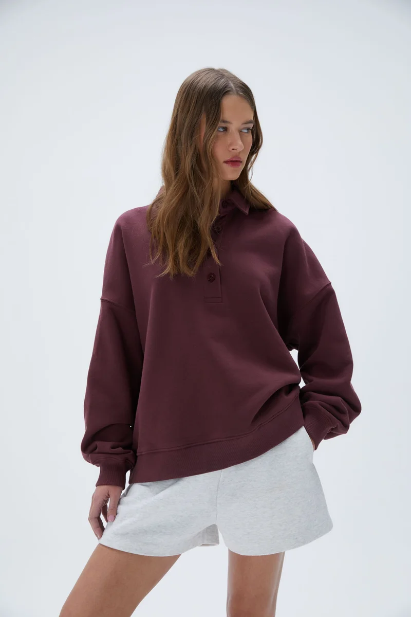 Image of Oversized Button Up Sweatshirt - Burgundy