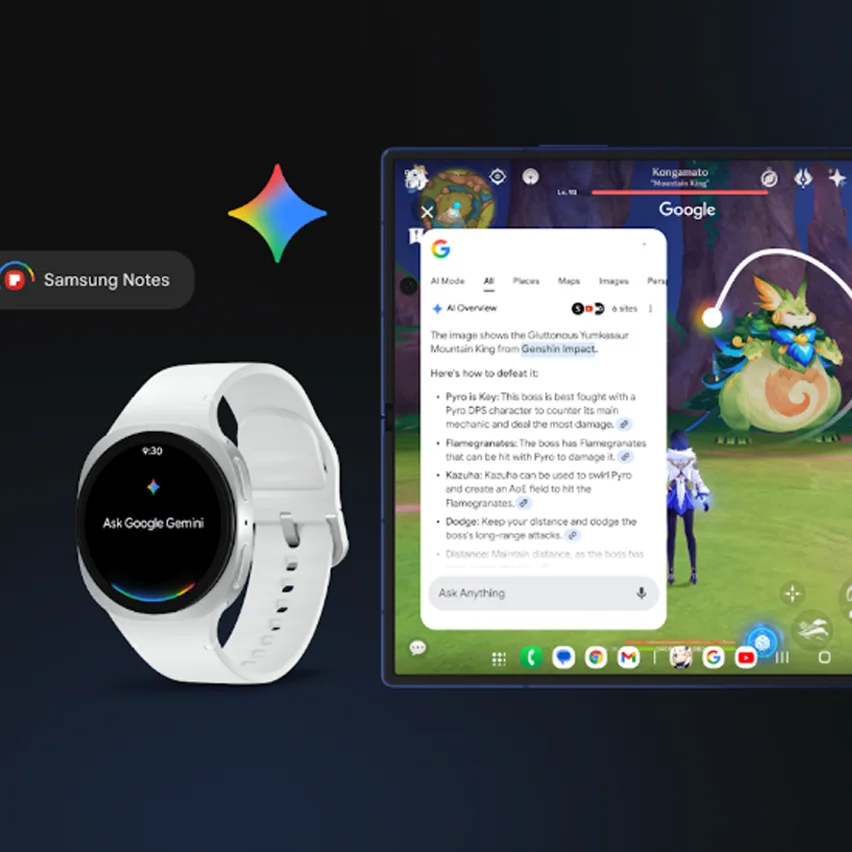 A Samsung Notes logo, a white smartwatch displaying an AI Google Gemini interface, and a tablet showing a Google search result for a game character named Kangourama Mountain King.