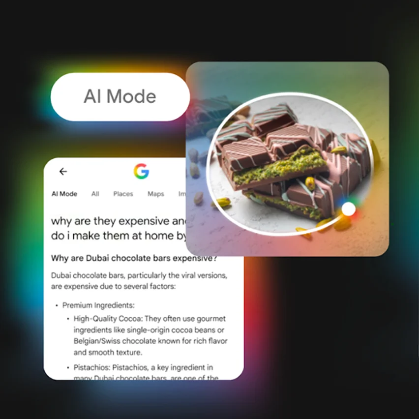 A partial screenshot showing an AI Mode button, a search result about Dubai chocolate bars, and an image of chocolate bars with pistachios.