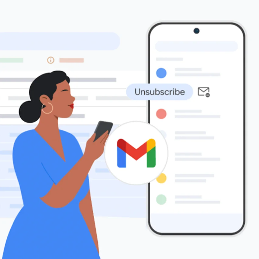 An illustration of a woman holding a phone next to a Gmail logo and a mobile screen with an Unsubscribe button.