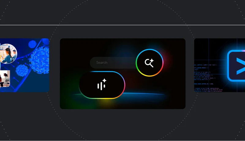 A multi-panel image featuring on the left a scientific image with a DNA strand and virus, in the center a dark interface with a search bar and two buttons, and on the right a screen with code and a play icon.