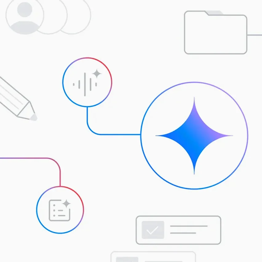 An abstract illustration showing interconnected circular icons with a large central icon resembling a star or sparkle, and other icons depicting a pencil, people, a folder, and a checklist.
