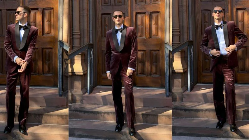 GQ contributor Tyler Lee Sparling wearing his burgundy Banana Republic tuxedo.