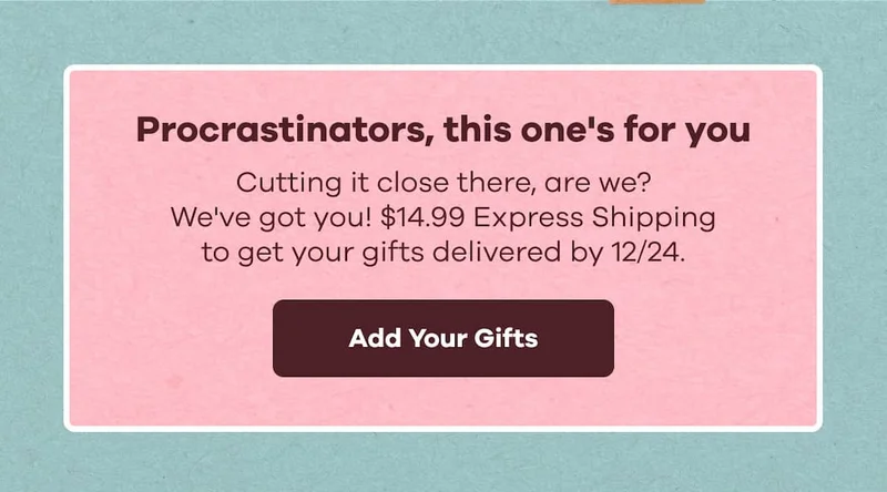 Procrastinators, this one's for you. Cutting it close there, are we? We've got you! $14.99 Express Shipping to get your gifts delivered by 12/24. | Add Your Gifts