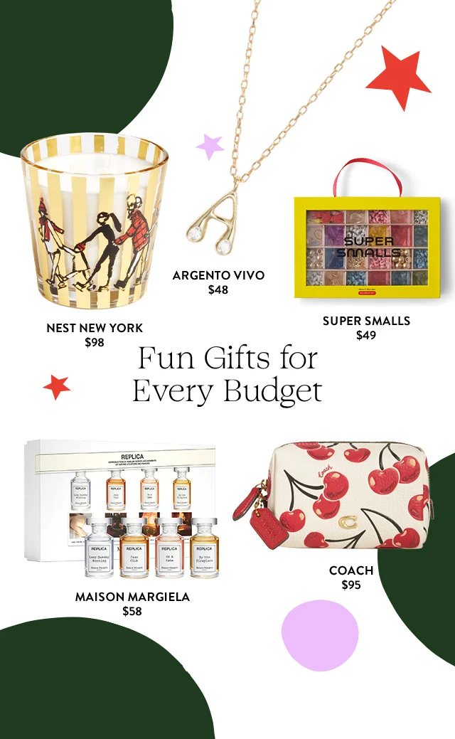 Fun gifts for every budget. A Nest New York candle for $98, Argento Vivo necklace for $48, Super Smalls bead kit for $49, Maison Margiela fragrance set for $58 and Coach pouch for $95.
