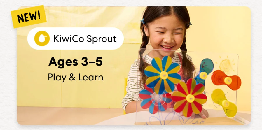 Young child smiling while working on creative KiwiCo Sprout projects, perfect for ages 3–5 for play and learn.