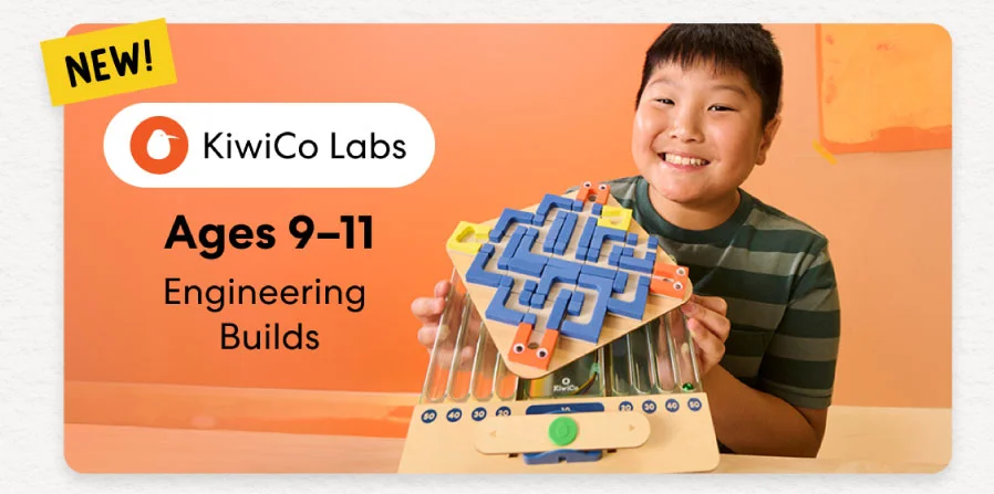 Boy building an engineering project from KiwiCo Labs, suitable for ages 9–11. Perfect for exploring engineering concepts.
