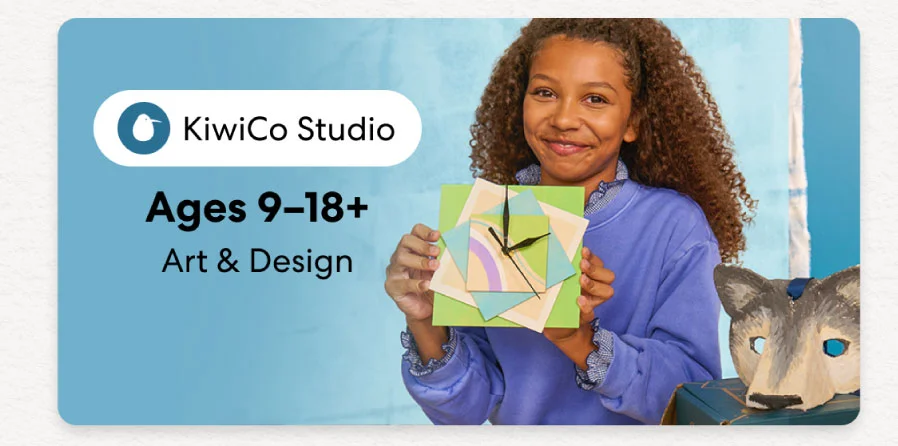 Smiling teen holding a colorful KiwiCo art and design project. Inspires creativity for ages 9–18+