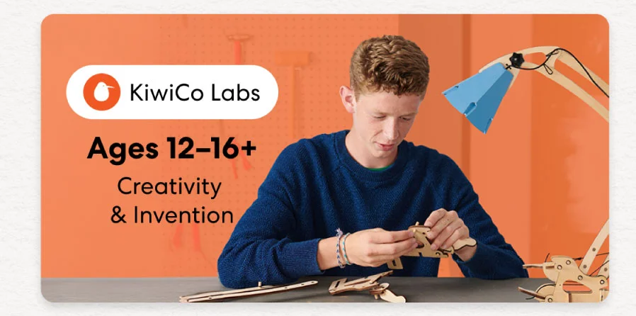 Teen creating an advanced KiwiCo project. Ideal for ages 12–16+ to spark creativity and innovation.