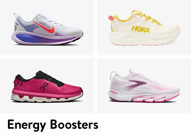 Colorful running shoes from Nike, On, HOKA and Brooks.