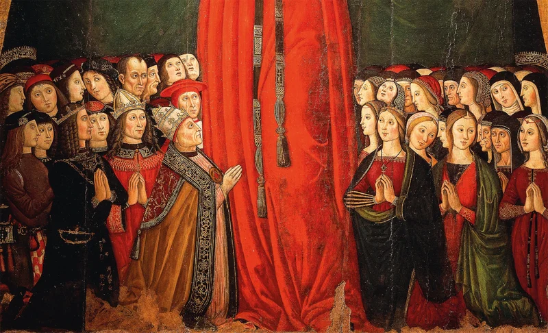In this detail of a 1500 painting by Cola de Orte, Pope Alexander VI (center), né Rodrigo Borgia, is shown surrounded by Europe’s elite. Among the men behind him stands his son Cesare and among the women on the right, his daughter Lucrezia.