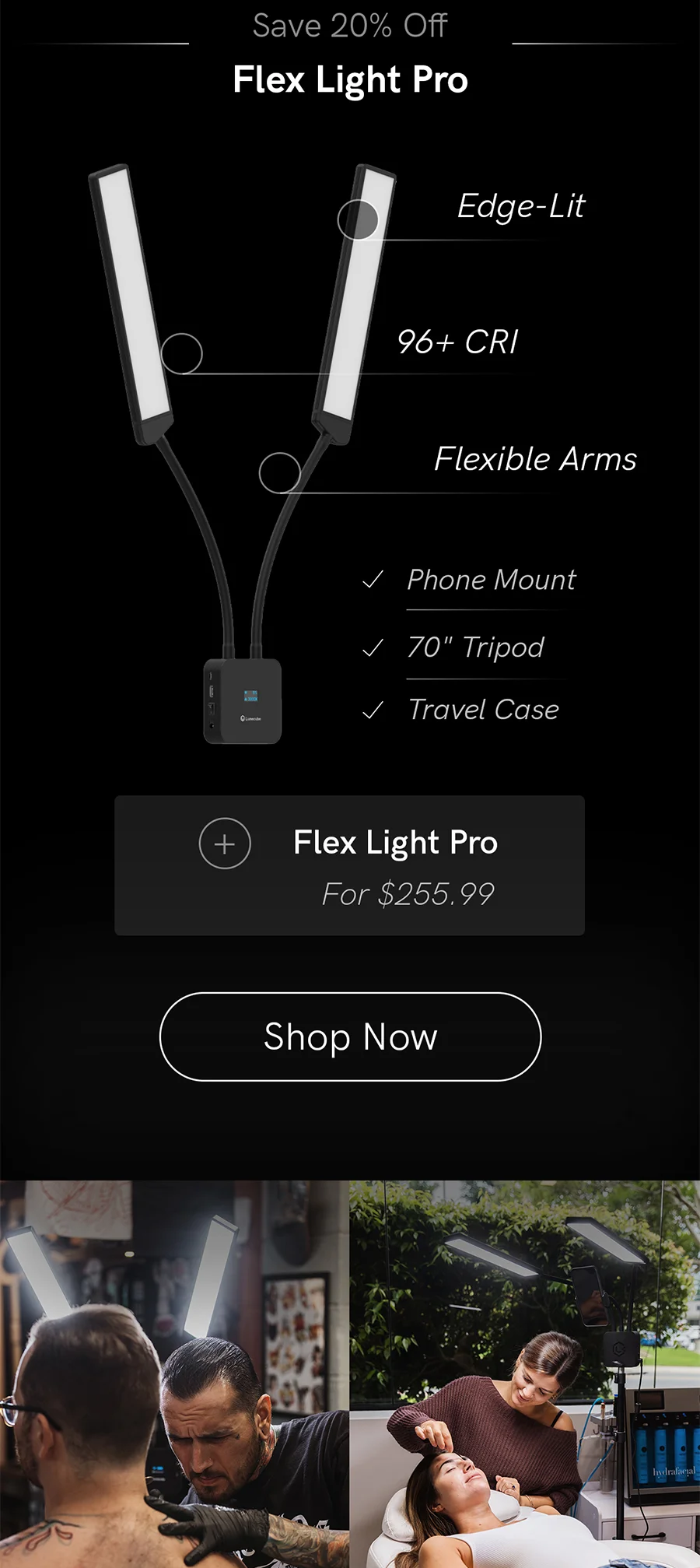 Flex Light Pro offers dual edge-lit adjustable panels with 96+ CRI, flexible arms, a phone mount, tripod, and travel case.