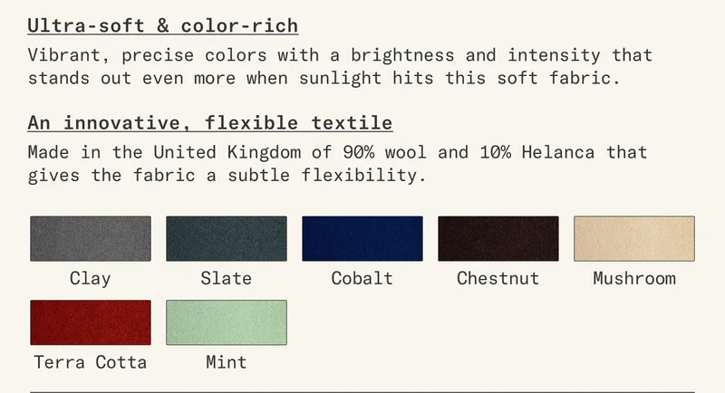 Made in the United Kingdom of 90% wool and 10% Helanca that gives the fabric a subtle, warm, flexibility.