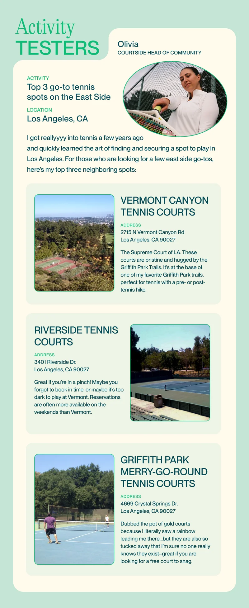 Activity Testers Top 3 go-to tennis spots on the East Side Location Los Angeles, CA and quickly learned the art of finding and securing a spot to play in Los Angeles. For those who are looking for a few east side go-tos, here’s my top three neighboring spots: Vermont Canyon Tennis Courts Address 2715 N Vermont Canyon Rd Los Angeles, CA 90027 The Supreme Court of LA. These courts are pristine and hugged by the Griffith Park Trails. It’s at the base of one of my favorite Griffith Park trails, perfect for tennis with a pre- or post-tennis hike.&nbsp; Riverside Tennis Courts Address 3401 Riverside Dr. Los Angeles, CA 90027 Great if you’re in a pinch! Maybe you forgot to book in time, or maybe it’s too dark to play at Vermont. Reservations are often more available on the weekends than Vermont. Griffith Park Merry-Go-Round Tennis Courts Address 4669 Crystal Springs Dr. Los Angeles, CA 90027 Dubbed the pot of gold courts because I literally saw a rainbow leading me there…but they are also so tucked away that I’m sure no one really knows they exist–great if you are looking for a free court to snag.