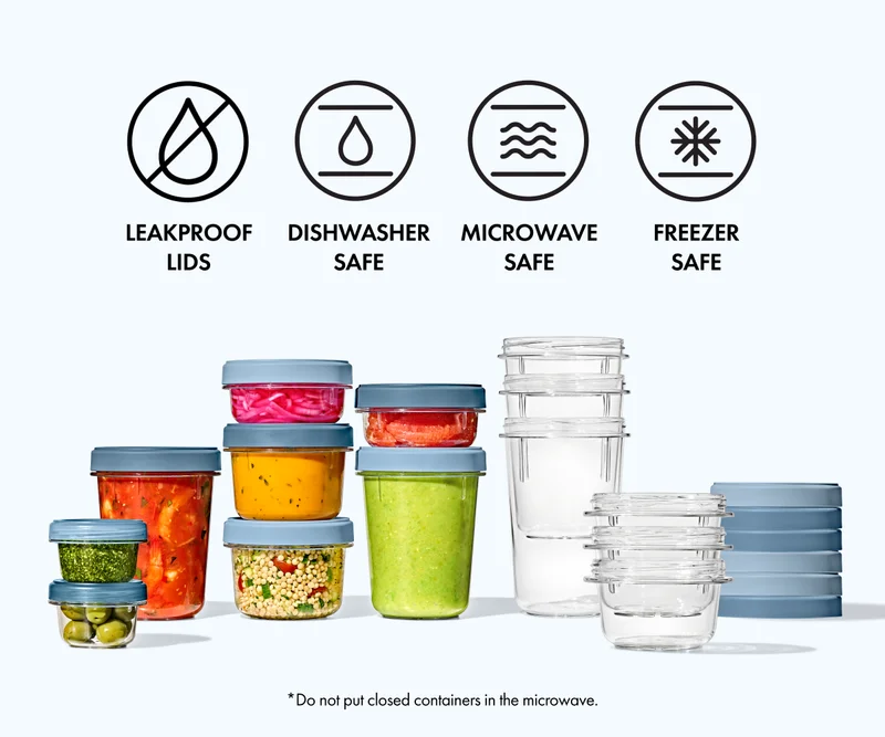 Leakproof lids. Dishwasher safe. Microwave safe. Freezer safe.