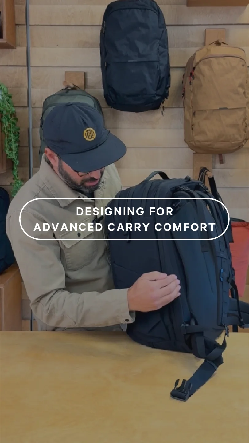THE PAKT ONE TRAVEL BACKPACK CARRIES LIKE A HIKING PACK, WITH LOAD-LIFTERS, PREMIUM CUSHIONED HIP-BELT AND SHOULDER STRAPS, AND ALL-NEW TORSO ADJUSTABILITY OPTIONS