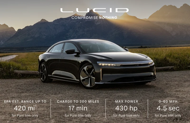 Lucid Motors | Compromise Nothing | EPA est. range up to 420 mi(1) for Pure trim only | Charge up to 200 miles 17 min(2) Pure trim only | Max power 430 hp for Pure trim only | 0-60 MPH 4.5 secs for Pure trim only